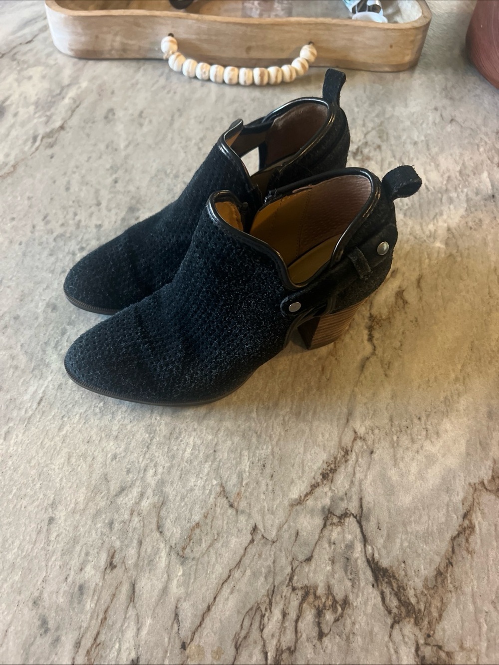 Franco Sarto Black Textured Ankle Booties with Stacked Heel